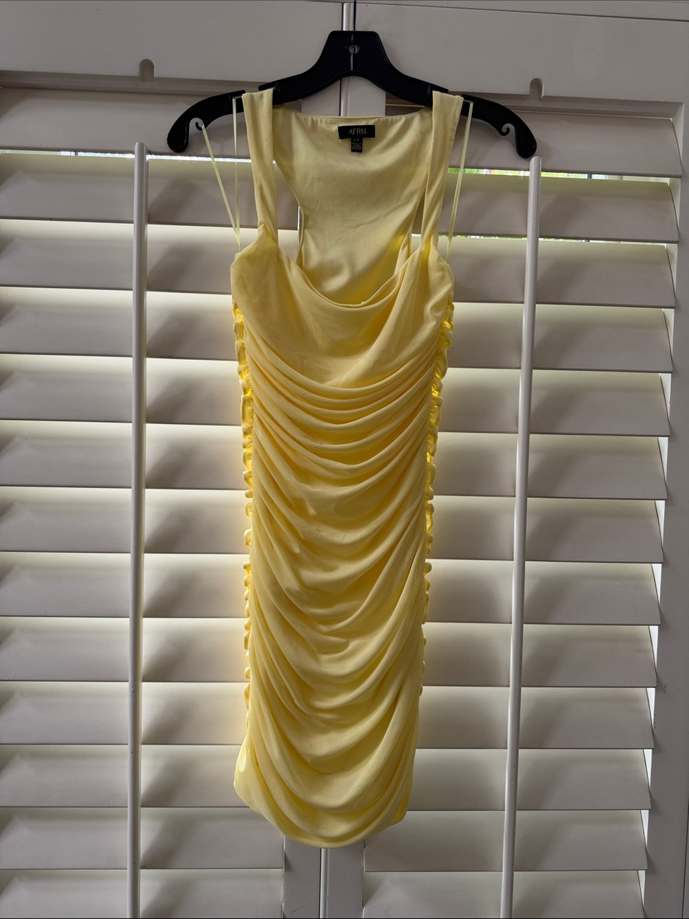 AFRM Lemon Yellow Ruched Cowl Mini Dress